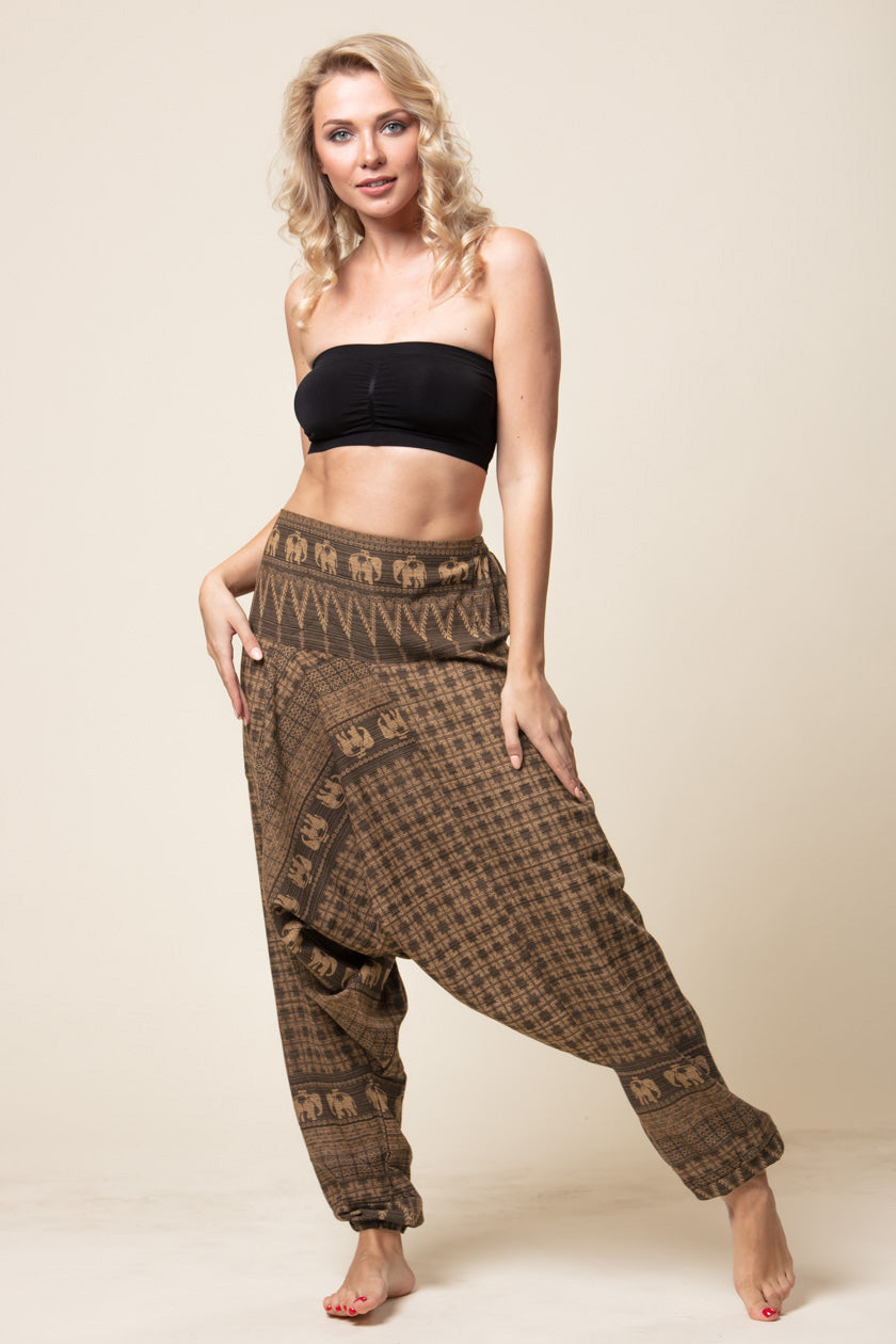 Elephant Brown Hill Tribe Artisan Low Cut Harem Pants