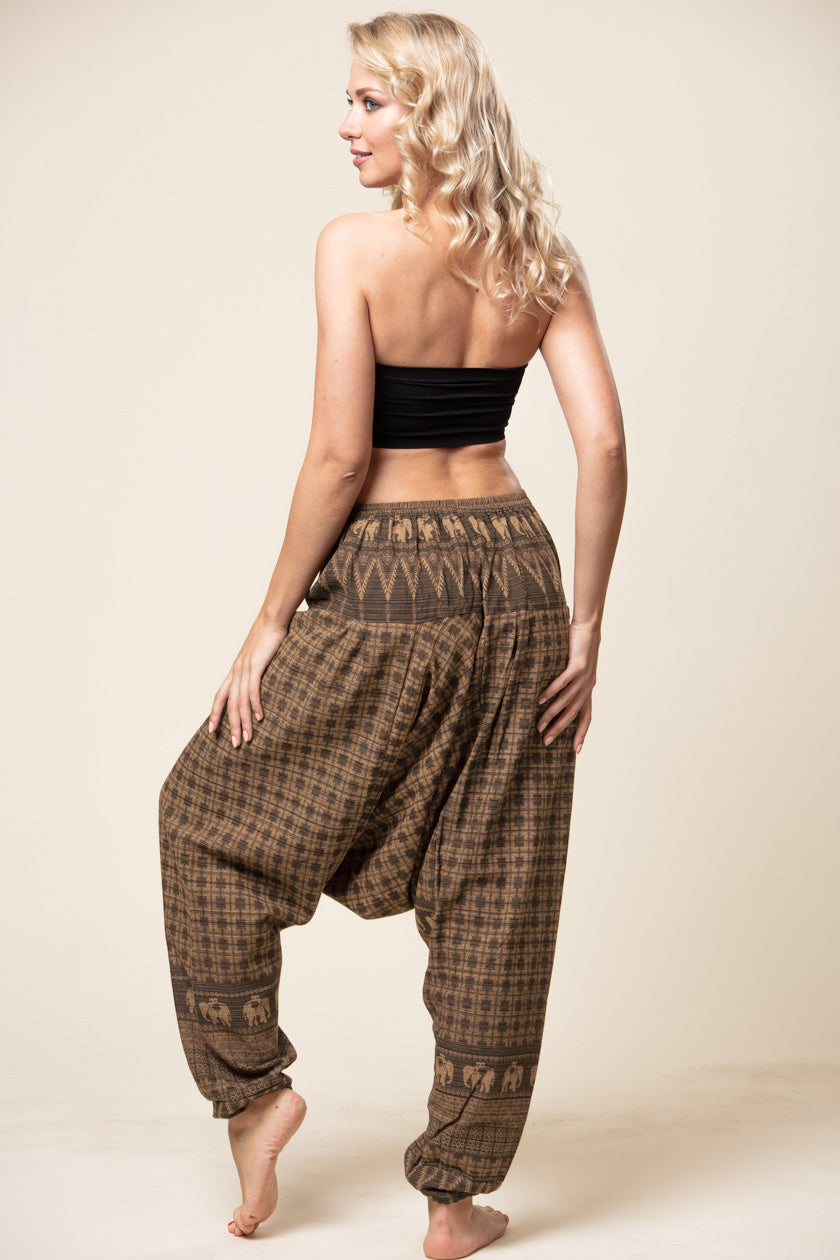 Elephant Brown Hill Tribe Artisan Low Cut Harem Pants