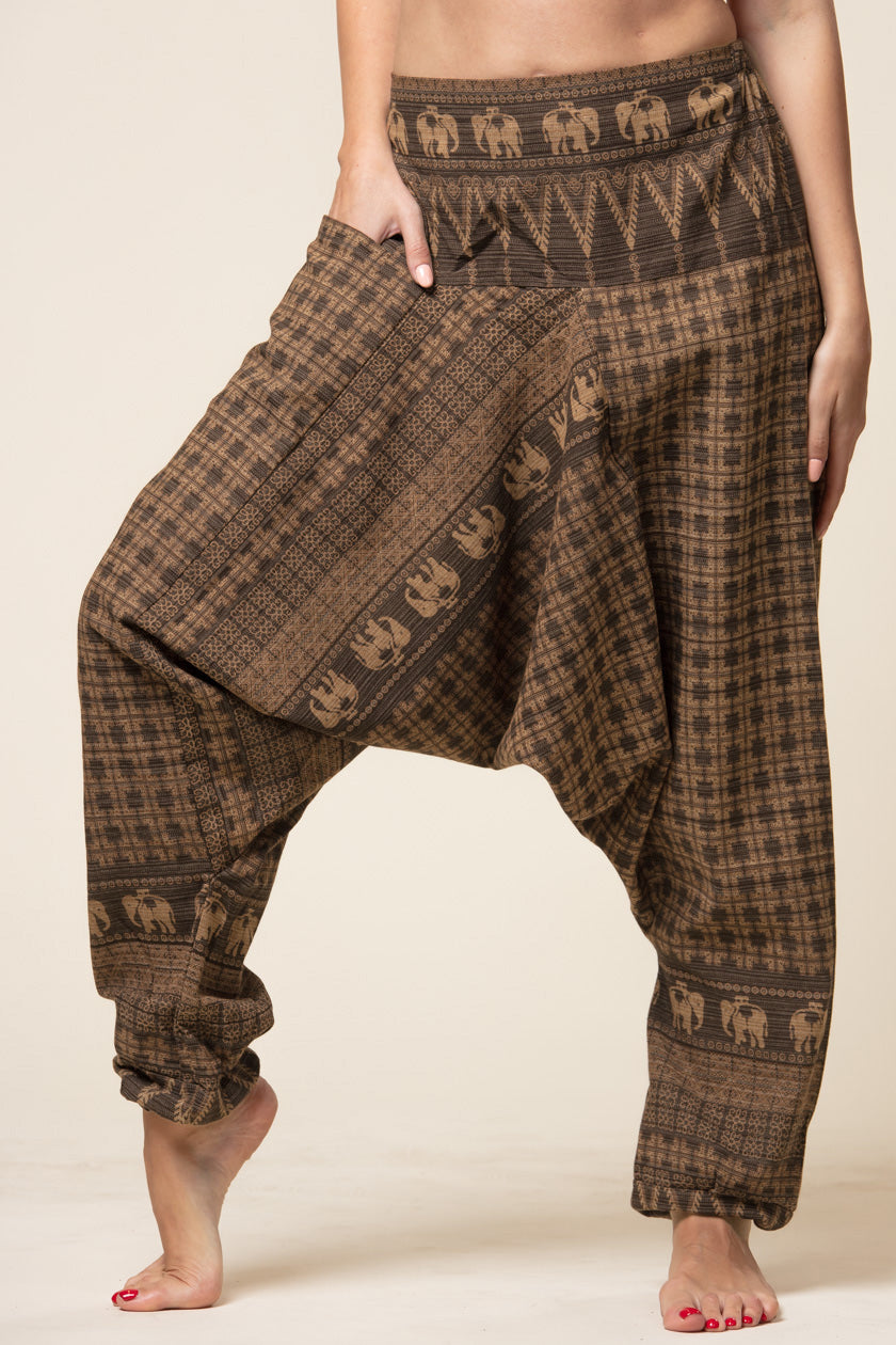 Elephant Brown Hill Tribe Artisan Low Cut Harem Pants