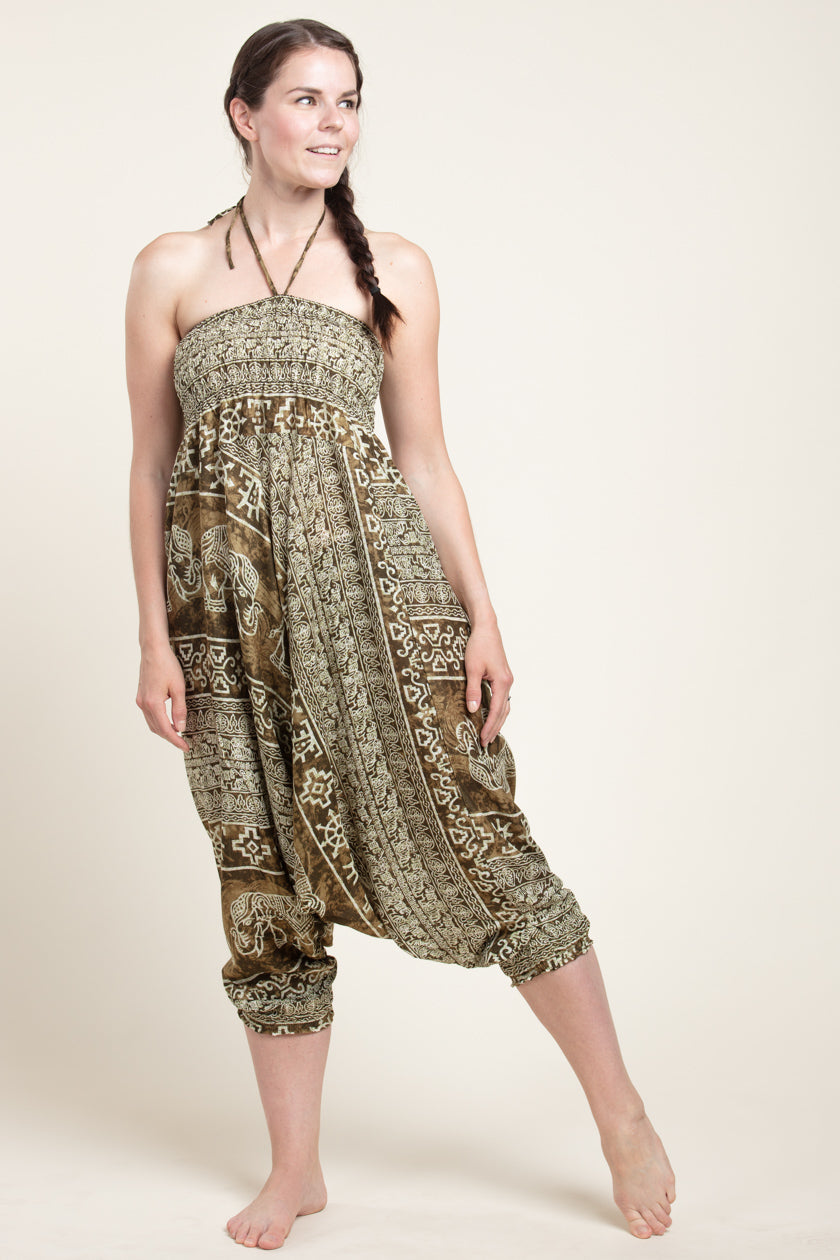 Olive Marble Elephants Artisan Jumpsuit Haaremihousut