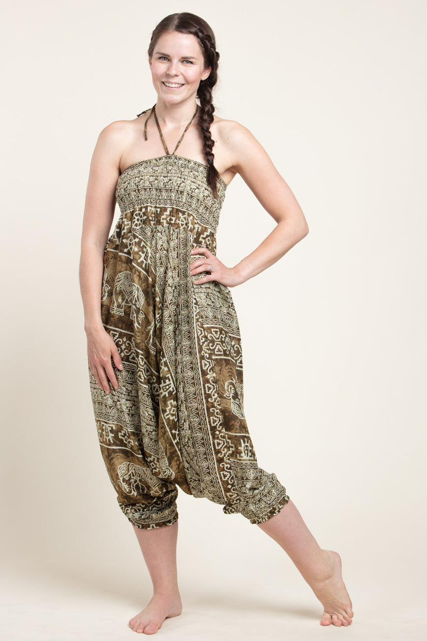 Olive Marble Elephants Artisan Jumpsuit Haaremihousut